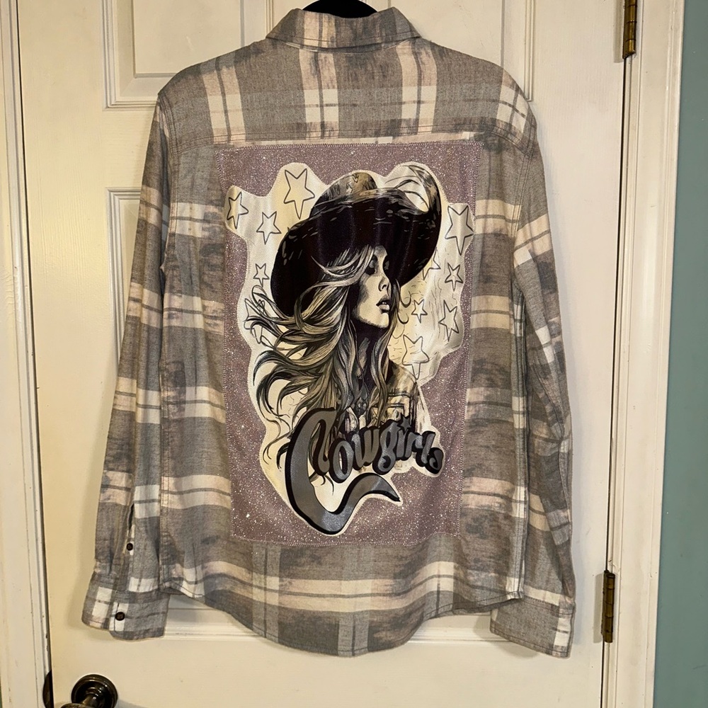 A Chic Upcycled Multi Plaid Flannel With A Western Cowgirl Graphic Jacket
